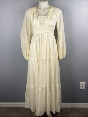 Jody T Ivory Long Sleeved Textured Maxi Dress S Renaissance Prairie Vtg 70s READ